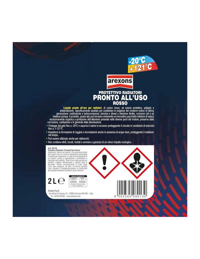 Arexons Protettivo Radiatori Rosso -20°C +121°C 2Lt – Antigelo e Anticorrosivo per Auto Diesel e Benzina - immagine 2