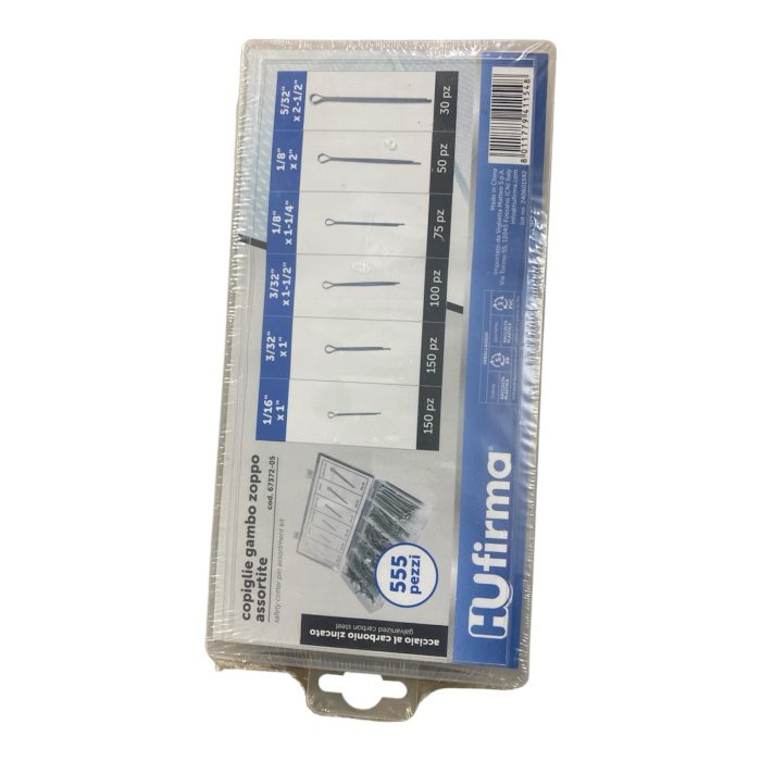 Assortimento Coppiglie Spaccate a Gambo Zoppo HU-FIRMA 67372 – Set da 555 Pezzi in Acciaio Zincato con Valigetta - immagine 1