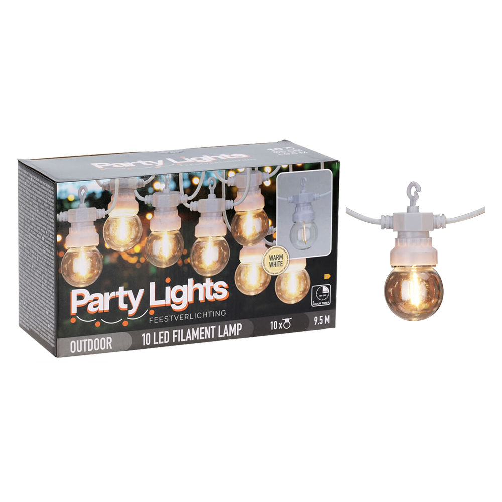 CATENA LINEARE A LED 'PARTY LIGHTS' 10 Lampadine – 9,5 m Luce Bianco Caldo IP44 24V