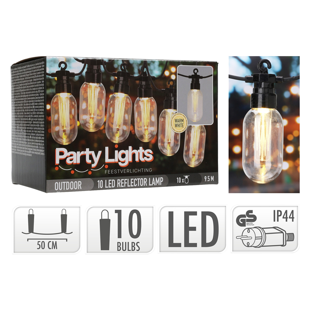 Luminaria “Party Lights” 10 LED Bianco Caldo – Catena Luminosa IP44 per Interni ed Esterni