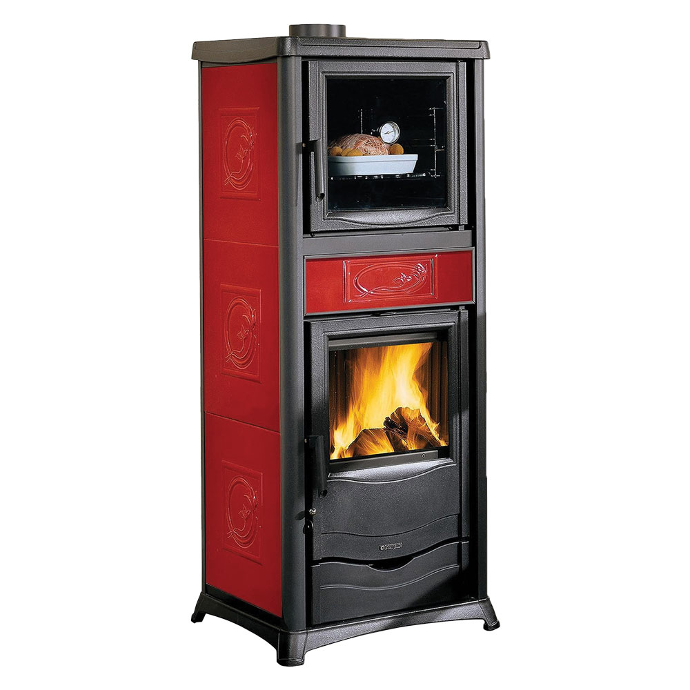 TERMOSTUFA A LEGNA TERMOROSSELLA PLUS FORNO DSA 4.0 – 11,1 kW, Maiolica Bordeaux, A+, 318 m³