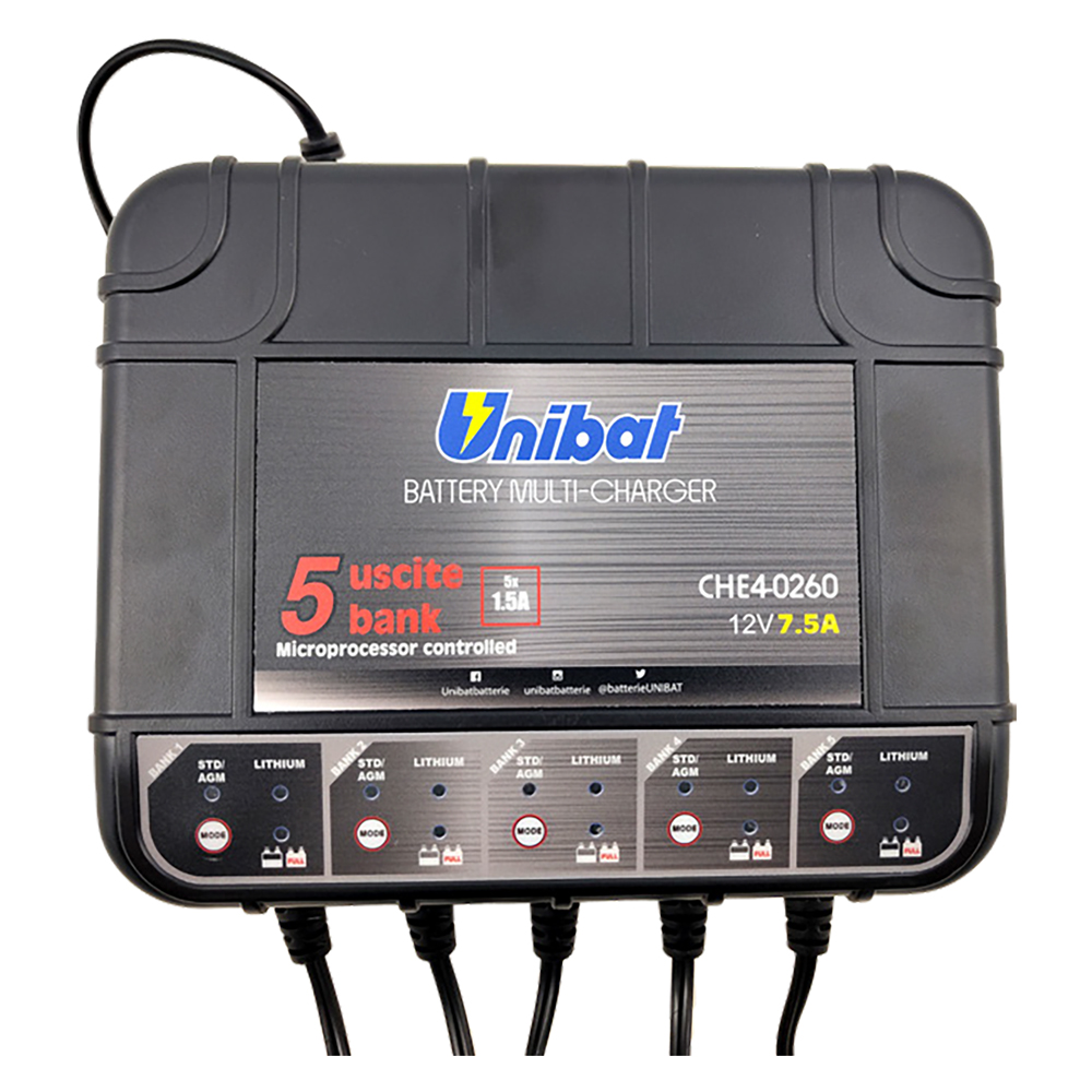 Caricabatteria Mantenitore CHARGER BANK – 12V, 5 Uscite, AGM/Gel/LiFePo4, IP65 Professionale