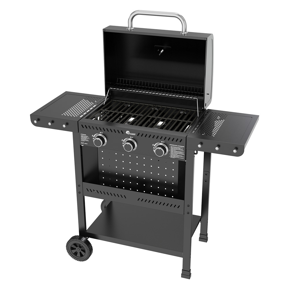 BARBECUE A GAS CARRELLATO 3 FUOCHI 7,5 kW – Griglia in Ghisa – Con Ripiani Laterali