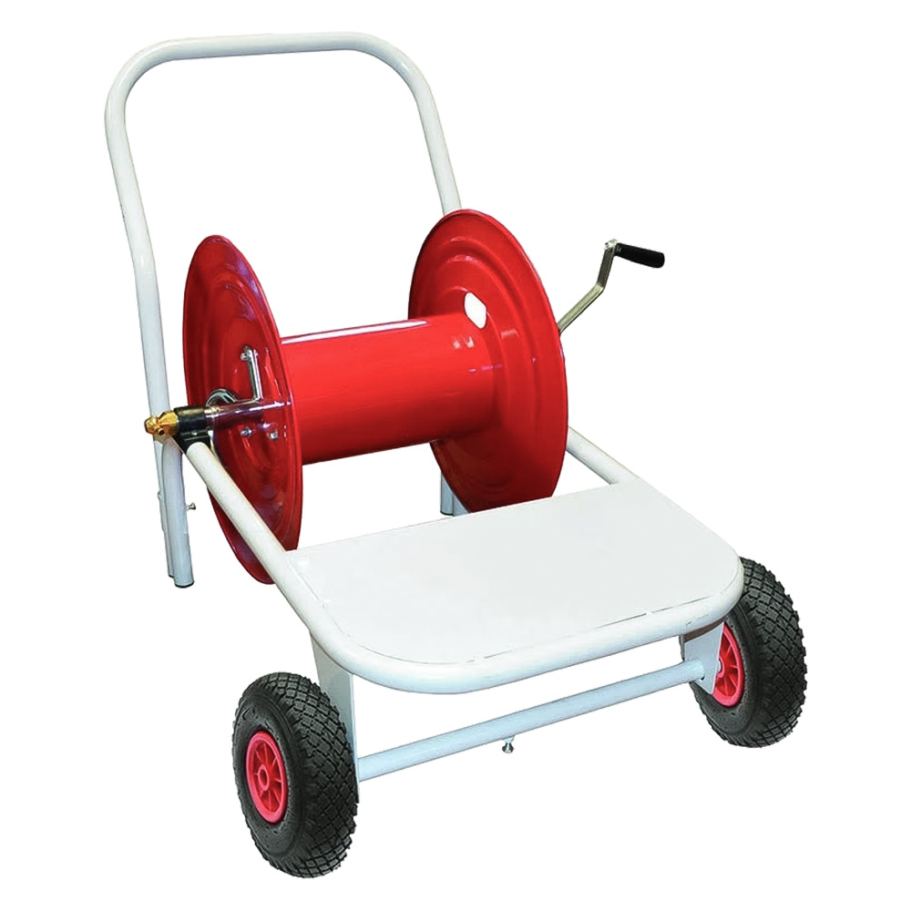 Carrello avvolgitubo per irrorazione fino a 100 m con piano portapompa e ruote pneumatiche