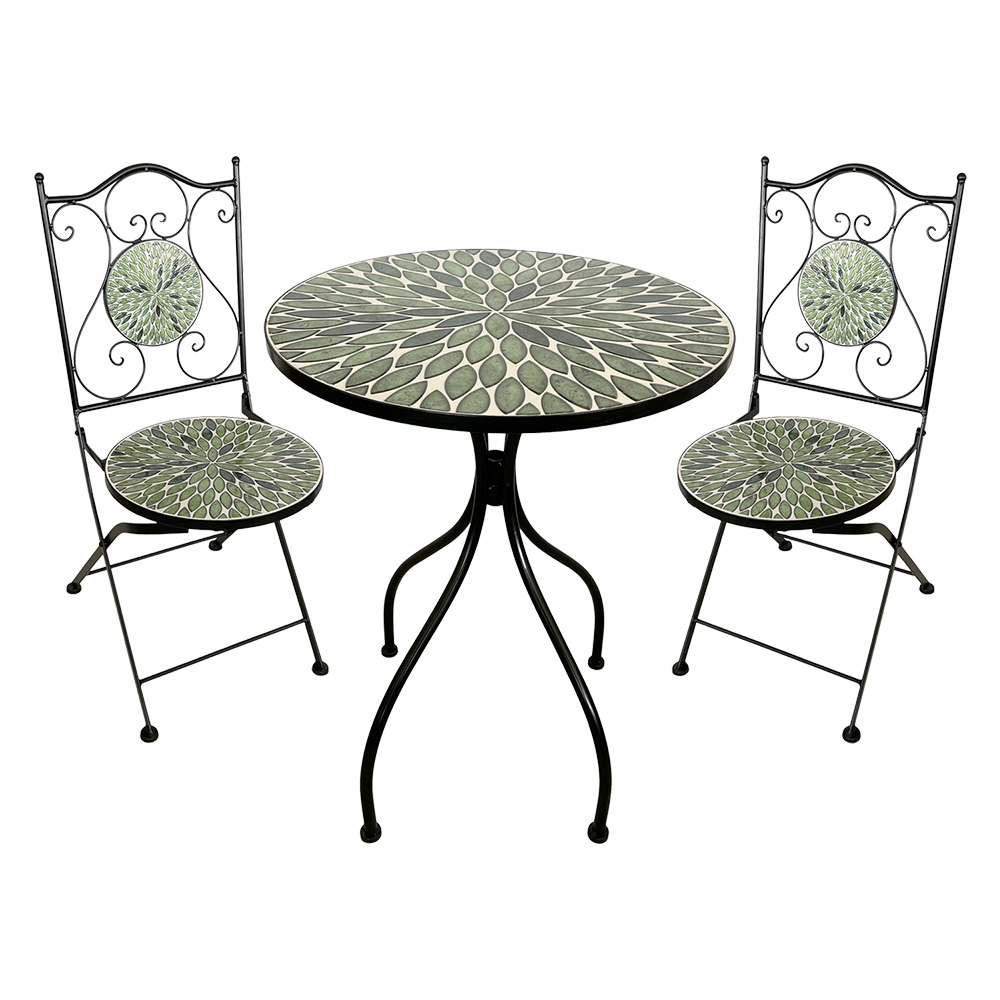 Set da Esterno Fogliarte con Tavolo Mosaico Ø 60 cm e 2 Sedie Pieghevoli