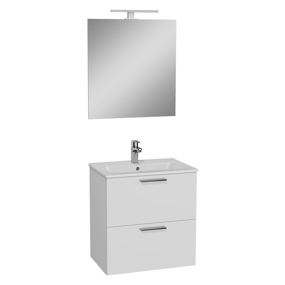 Mobile bagno sospeso Mia con 2 cassetti, lavabo in ceramica e specchio LED